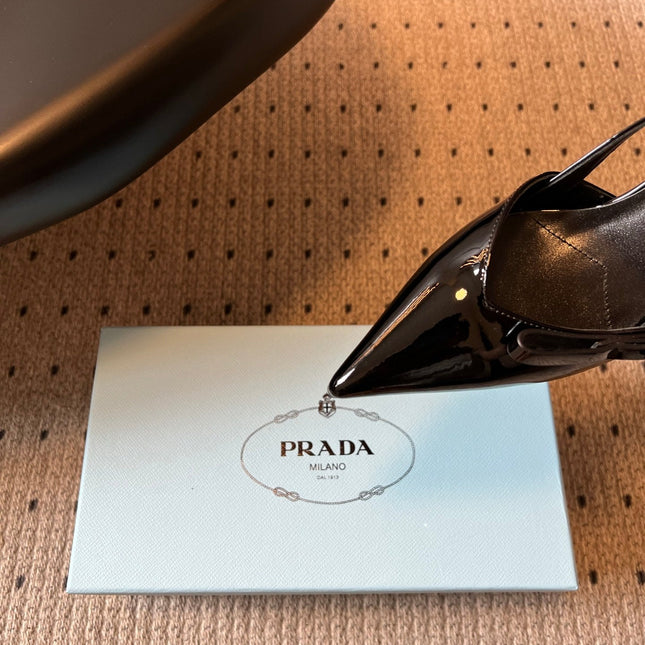 PRADA 26S BOW DETAIL SLINGBACK PUMPS 75MM IN BLACK PATENT CALFSKIN