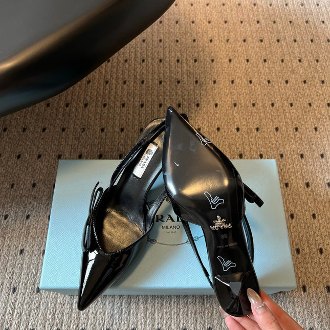 PRADA 26S BOW DETAIL SLINGBACK PUMPS 75MM IN BLACK PATENT CALFSKIN