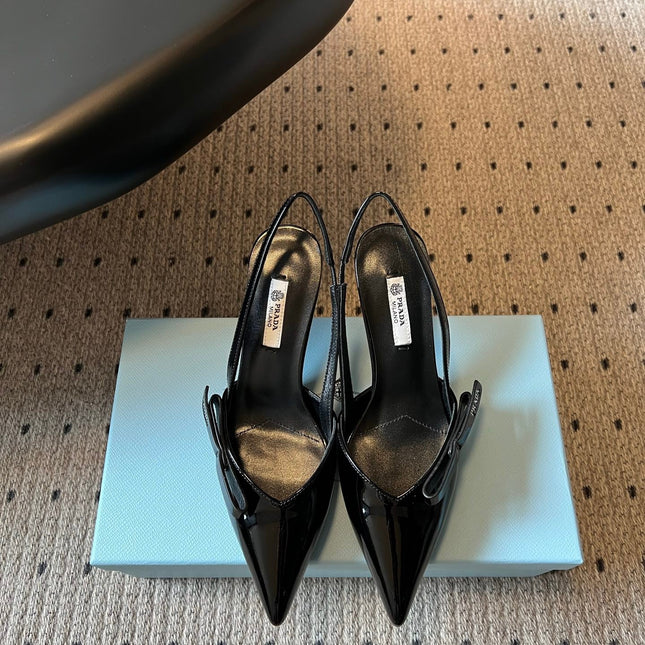 PRADA 26S BOW DETAIL SLINGBACK PUMPS 75MM IN BLACK PATENT CALFSKIN