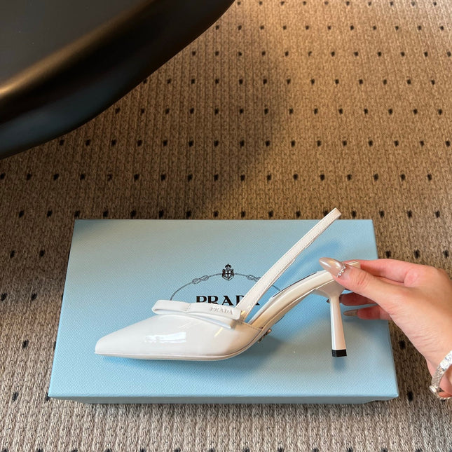 PRADA 26S BOW DETAIL SLINGBACK PUMPS 75MM IN WHITE PATENT CALFSKIN