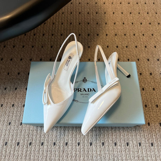 PRADA 26S BOW DETAIL SLINGBACK PUMPS 75MM IN WHITE PATENT CALFSKIN
