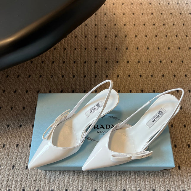 PRADA 26S BOW DETAIL SLINGBACK PUMPS 75MM IN WHITE PATENT CALFSKIN