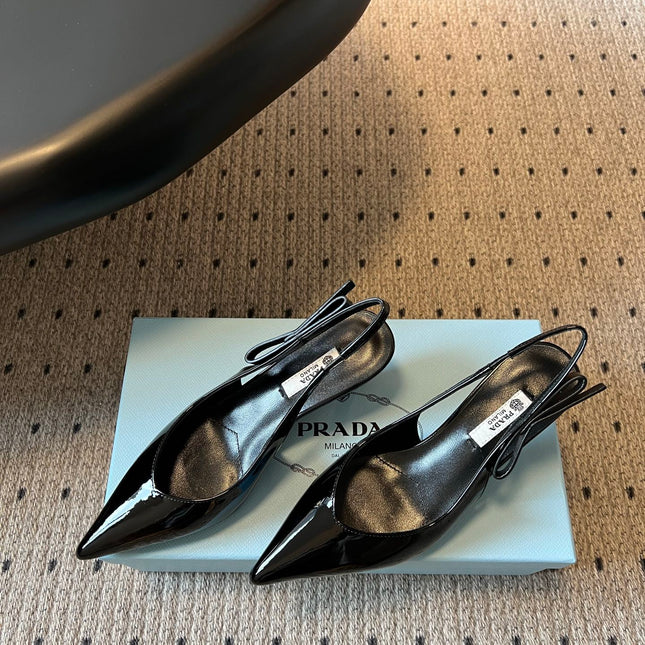 PRADA 26S POINTED TOE SLINGBACK HEELS 55MM IN BLACK PATENT CALFSKIN