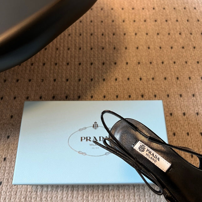 PRADA 26S POINTED TOE SLINGBACK HEELS 55MM IN BLACK PATENT CALFSKIN