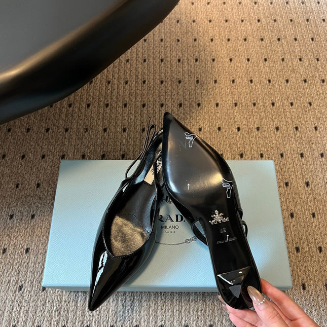 PRADA 26S POINTED TOE SLINGBACK HEELS 55MM IN BLACK PATENT CALFSKIN