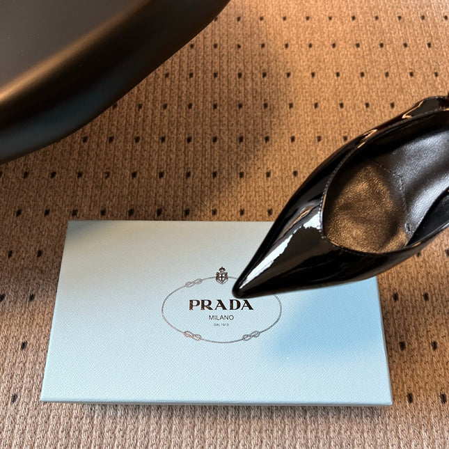PRADA 26S POINTED TOE SLINGBACK HEELS 55MM IN BLACK PATENT CALFSKIN