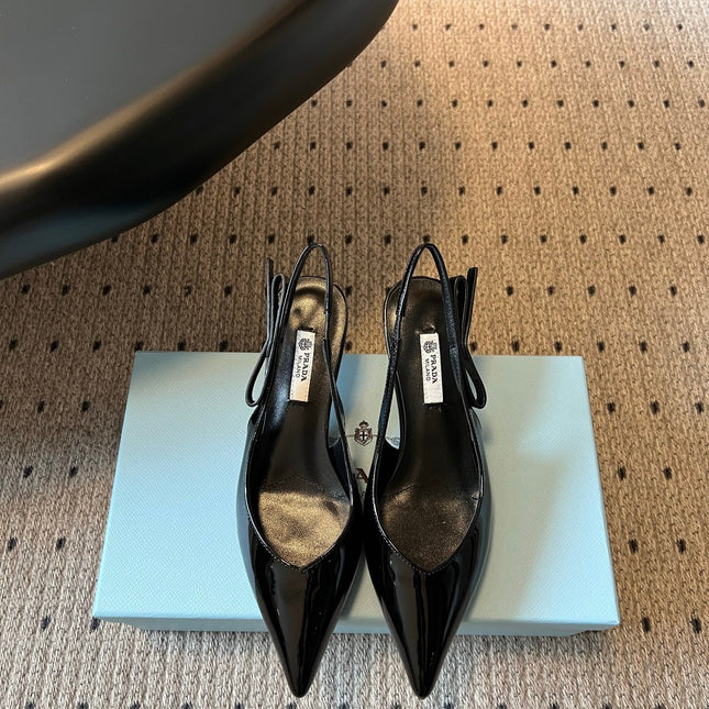 PRADA 26S POINTED TOE SLINGBACK HEELS 55MM IN BLACK PATENT CALFSKIN