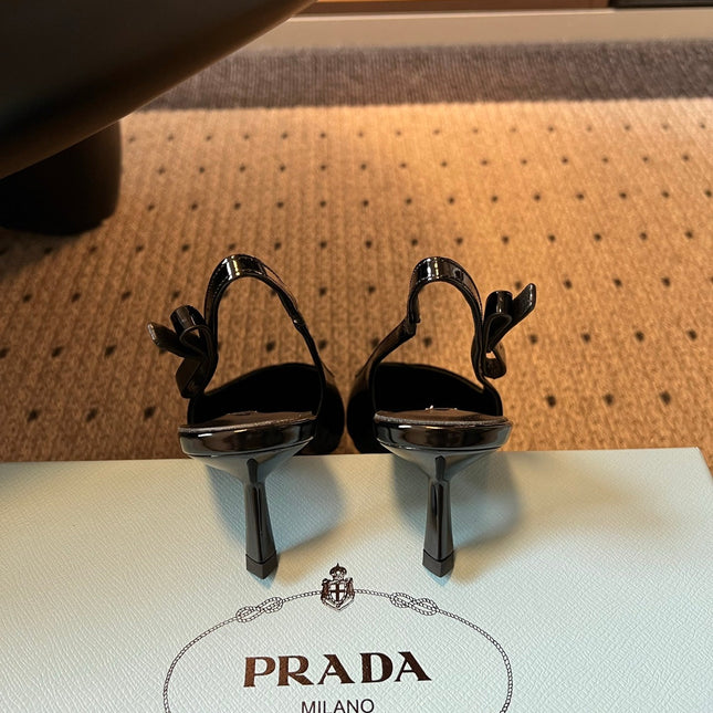 PRADA 26S POINTED TOE SLINGBACK HEELS 55MM IN BLACK PATENT CALFSKIN