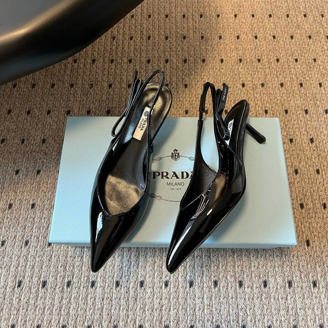 PRADA 26S POINTED TOE SLINGBACK HEELS 55MM IN BLACK PATENT CALFSKIN