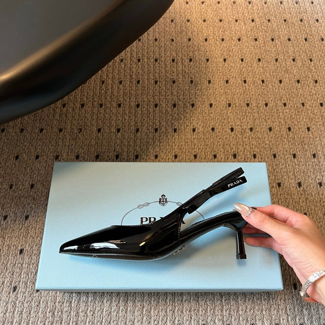 PRADA 26S POINTED TOE SLINGBACK HEELS 55MM IN BLACK PATENT CALFSKIN