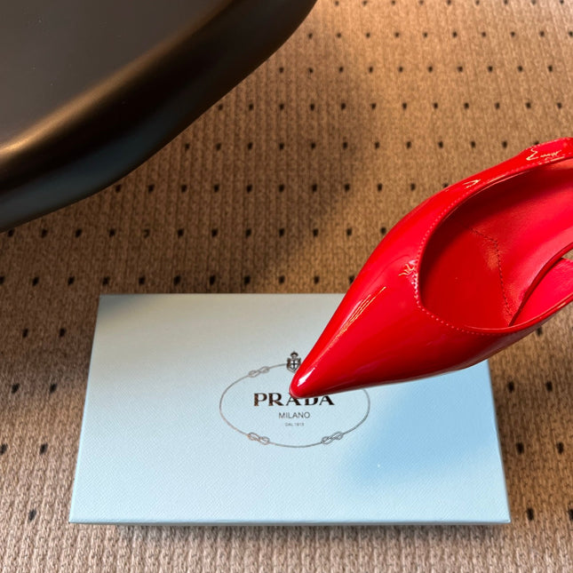 PRADA 26S POINTED TOE SLINGBACK HEELS 55MM IN RED PATENT CALFSKIN