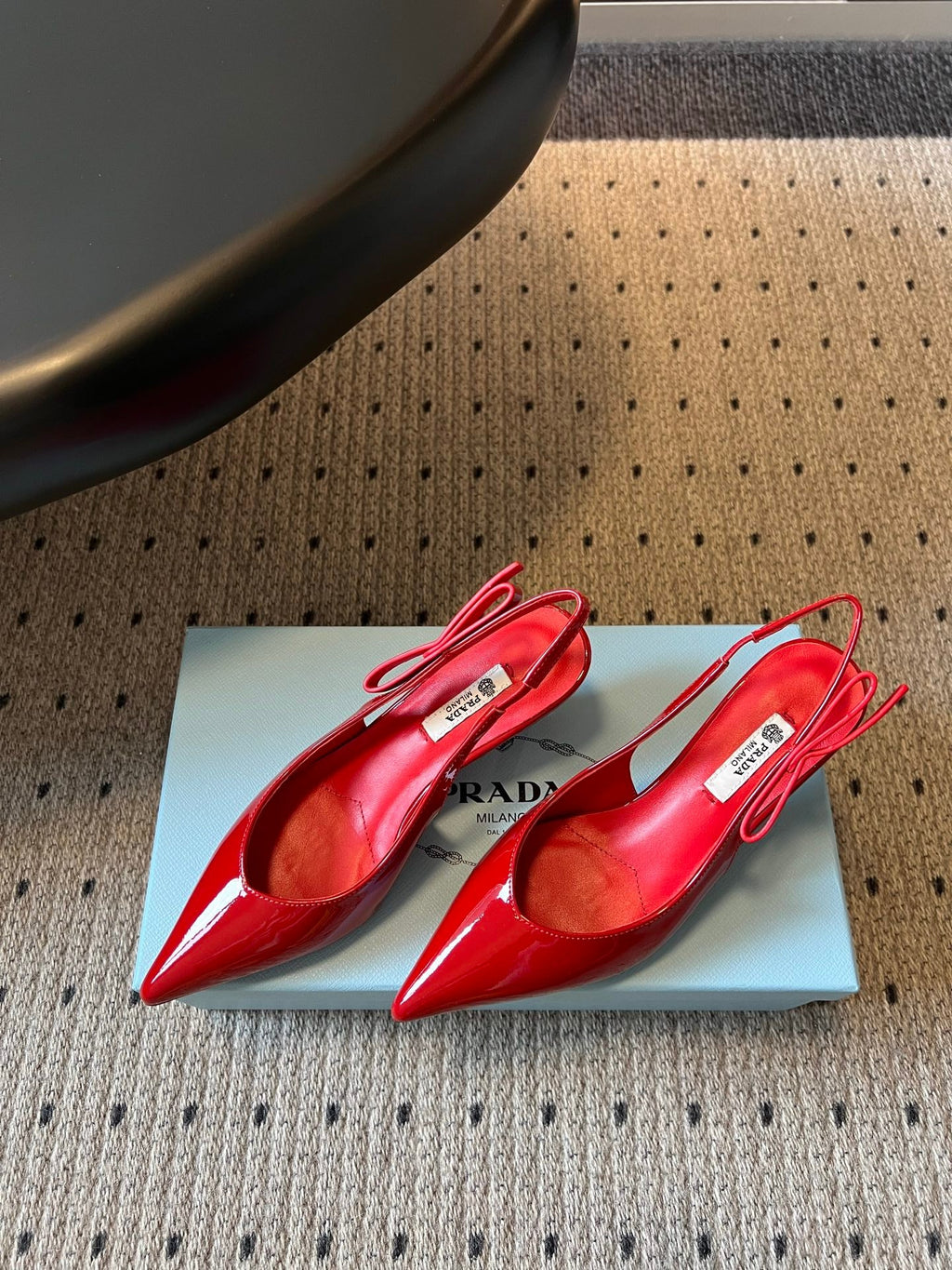 PRADA 26S POINTED TOE SLINGBACK HEELS 55MM IN RED PATENT CALFSKIN