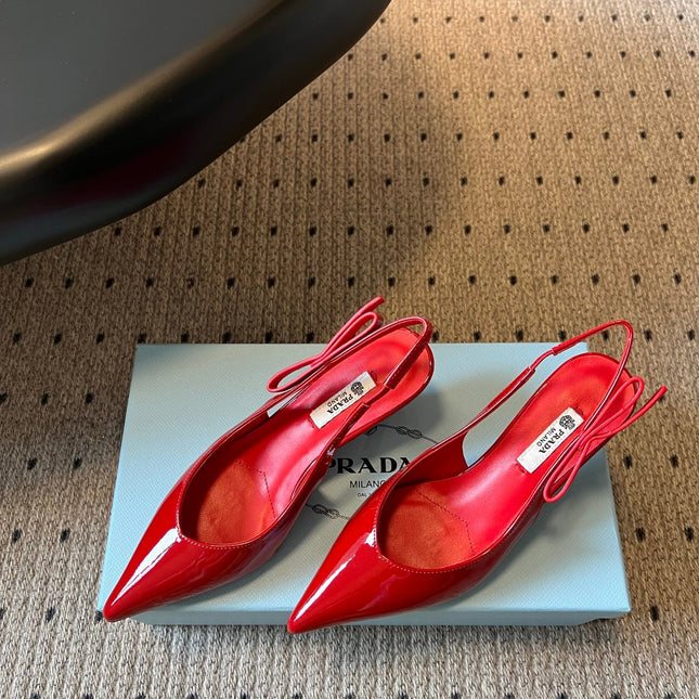 PRADA 26S POINTED TOE SLINGBACK HEELS 55MM IN RED PATENT CALFSKIN
