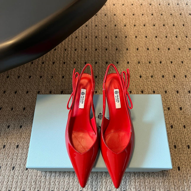 PRADA 26S POINTED TOE SLINGBACK HEELS 55MM IN RED PATENT CALFSKIN