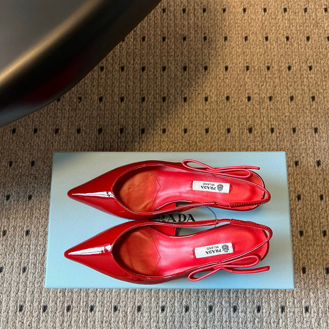 PRADA 26S POINTED TOE SLINGBACK HEELS 55MM IN RED PATENT CALFSKIN