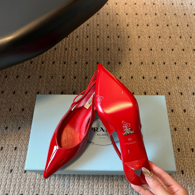 PRADA 26S POINTED TOE SLINGBACK HEELS 55MM IN RED PATENT CALFSKIN
