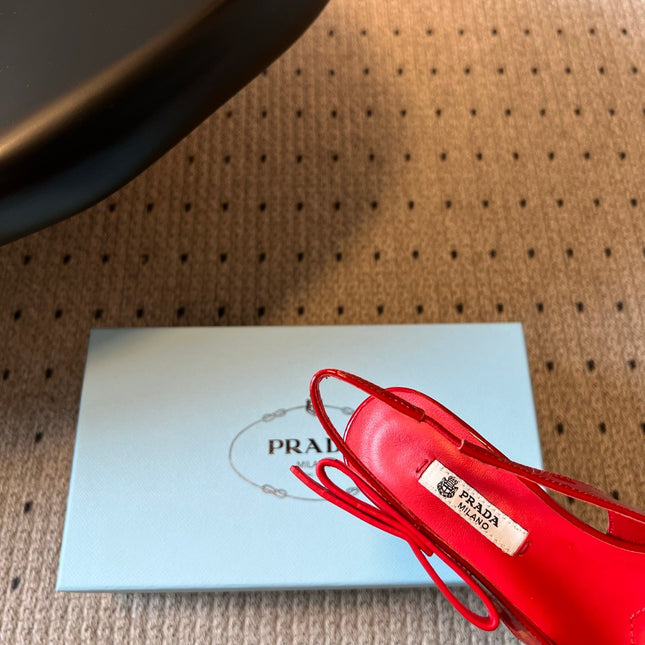 PRADA 26S POINTED TOE SLINGBACK HEELS 55MM IN RED PATENT CALFSKIN