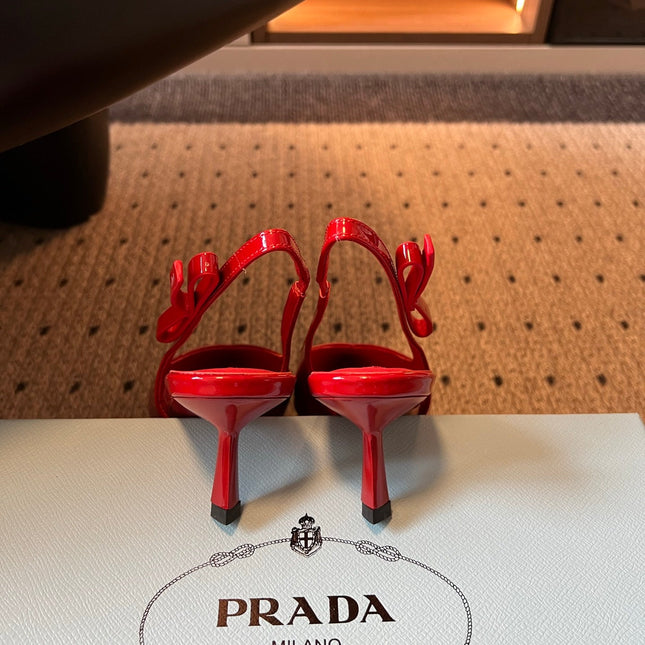 PRADA 26S POINTED TOE SLINGBACK HEELS 55MM IN RED PATENT CALFSKIN