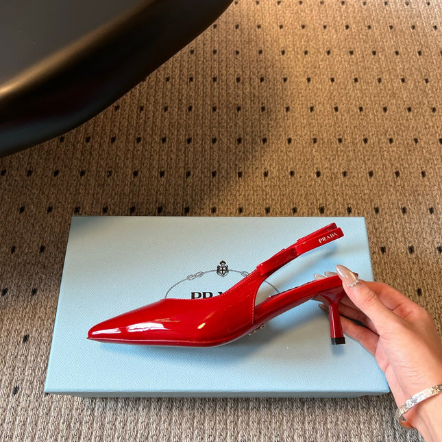 PRADA 26S POINTED TOE SLINGBACK HEELS 55MM IN RED PATENT CALFSKIN
