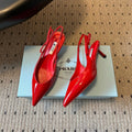PRADA 26S POINTED TOE SLINGBACK HEELS 55MM IN RED PATENT CALFSKIN
