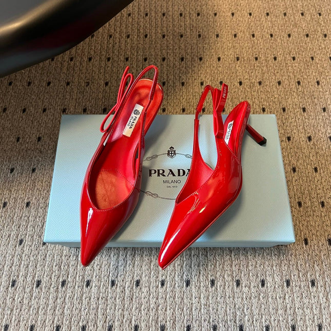 PRADA 26S POINTED TOE SLINGBACK HEELS 55MM IN RED PATENT CALFSKIN