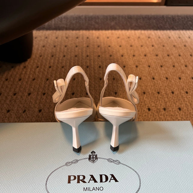 PRADA 26S POINTED TOE SLINGBACK HEELS 55MM IN WHITE PATENT CALFSKIN