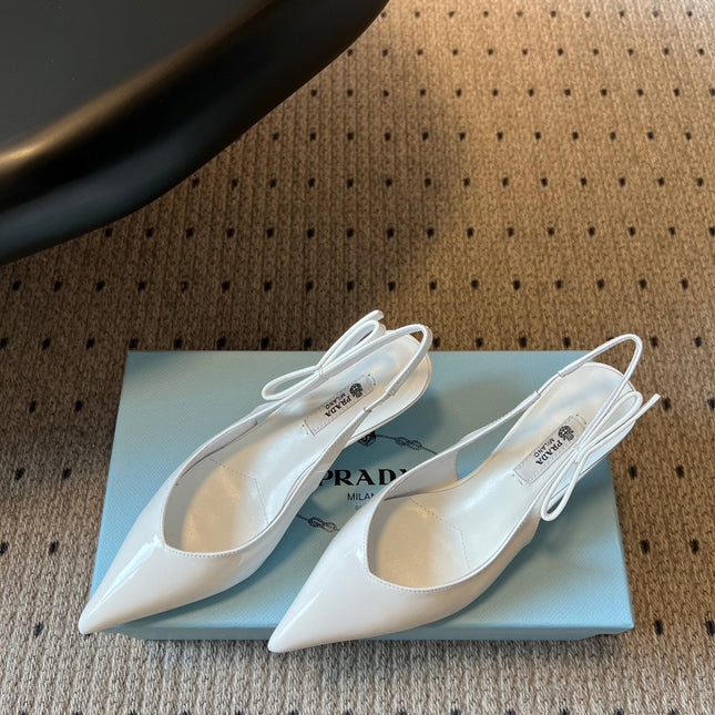 PRADA 26S POINTED TOE SLINGBACK HEELS 55MM IN WHITE PATENT CALFSKIN