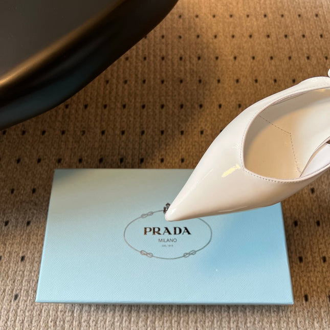 PRADA 26S POINTED TOE SLINGBACK HEELS 55MM IN WHITE PATENT CALFSKIN