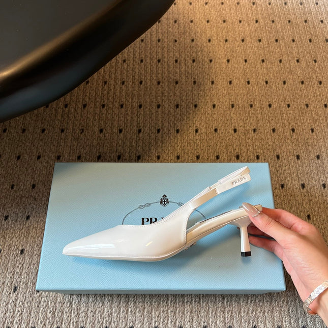 PRADA 26S POINTED TOE SLINGBACK HEELS 55MM IN WHITE PATENT CALFSKIN