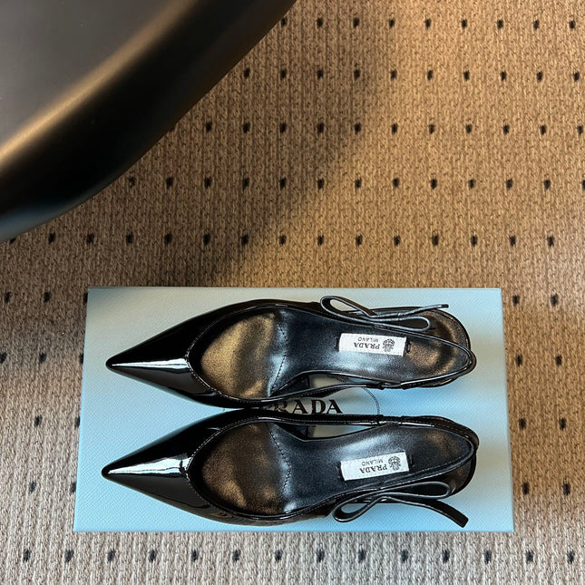 PRADA 26S POINTED TOE SLINGBACK HEELS 75MM IN BLACK PATENT CALFSKIN