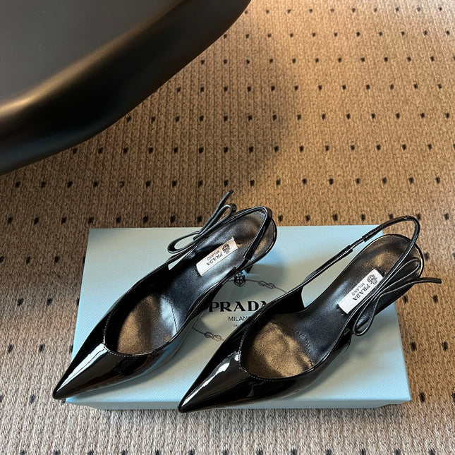 PRADA 26S POINTED TOE SLINGBACK HEELS 75MM IN BLACK PATENT CALFSKIN