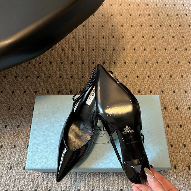 PRADA 26S POINTED TOE SLINGBACK HEELS 75MM IN BLACK PATENT CALFSKIN