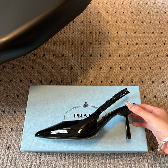 PRADA 26S POINTED TOE SLINGBACK HEELS 75MM IN BLACK PATENT CALFSKIN