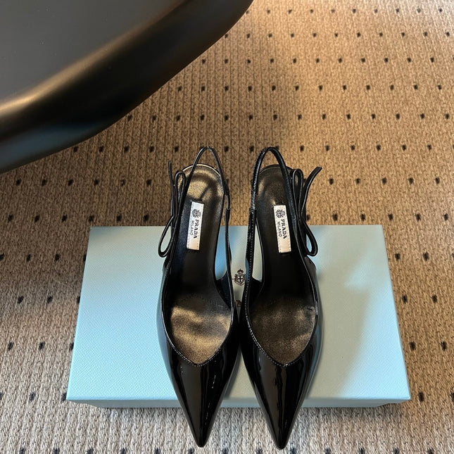 PRADA 26S POINTED TOE SLINGBACK HEELS 75MM IN BLACK PATENT CALFSKIN