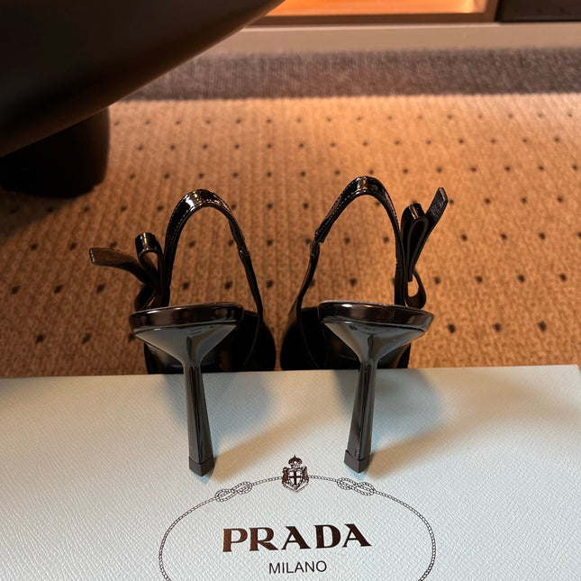 PRADA 26S POINTED TOE SLINGBACK HEELS 75MM IN BLACK PATENT CALFSKIN