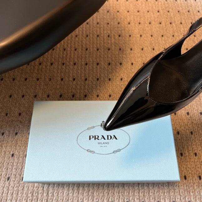 PRADA 26S POINTED TOE SLINGBACK HEELS 75MM IN BLACK PATENT CALFSKIN