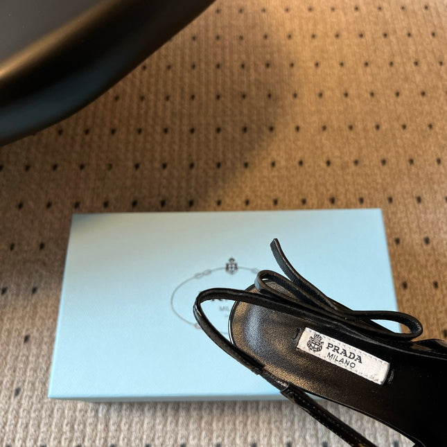 PRADA 26S POINTED TOE SLINGBACK HEELS 75MM IN BLACK PATENT CALFSKIN