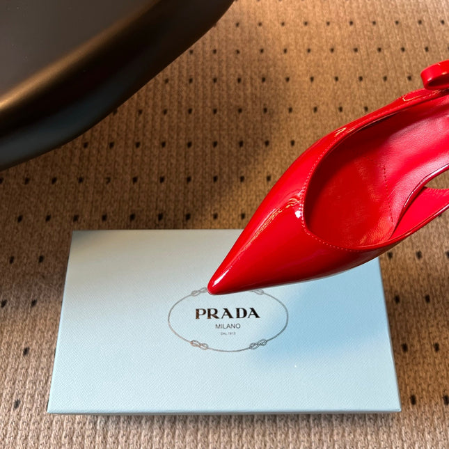 PRADA 26S POINTED TOE SLINGBACK HEELS 75MM IN RED PATENT CALFSKIN
