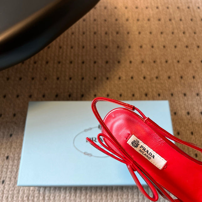 PRADA 26S POINTED TOE SLINGBACK HEELS 75MM IN RED PATENT CALFSKIN