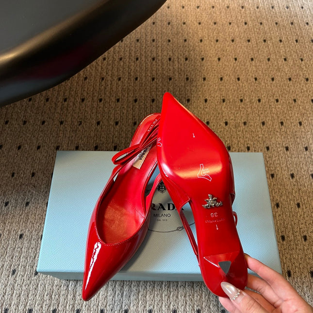 PRADA 26S POINTED TOE SLINGBACK HEELS 75MM IN RED PATENT CALFSKIN