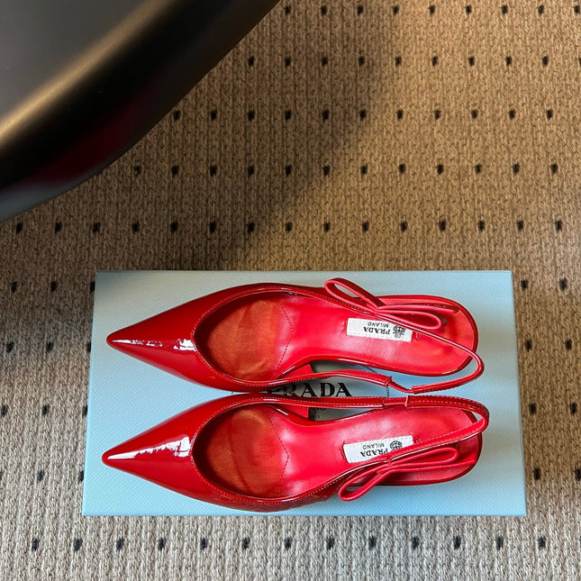 PRADA 26S POINTED TOE SLINGBACK HEELS 75MM IN RED PATENT CALFSKIN