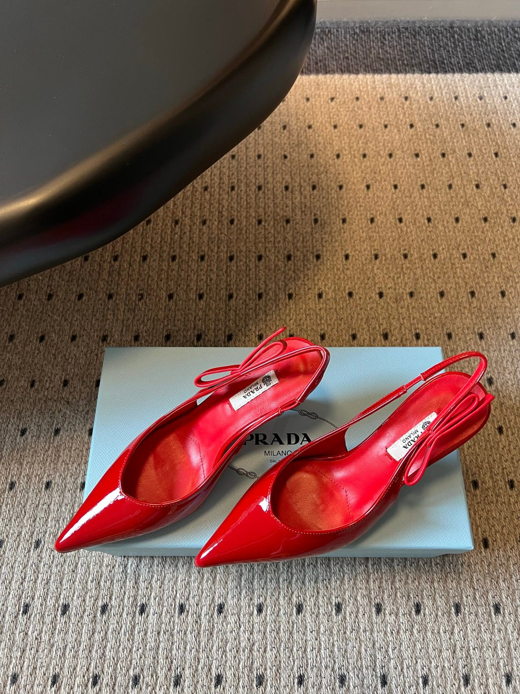 PRADA 26S POINTED TOE SLINGBACK HEELS 75MM IN RED PATENT CALFSKIN