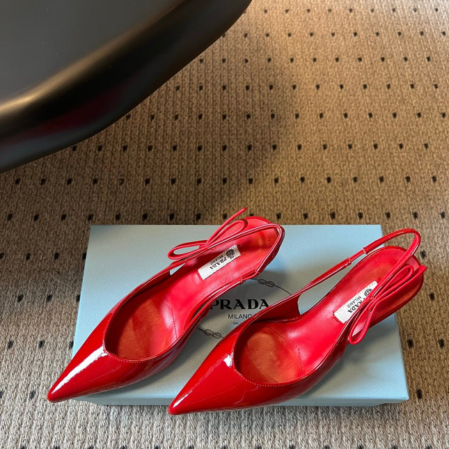 PRADA 26S POINTED TOE SLINGBACK HEELS 75MM IN RED PATENT CALFSKIN