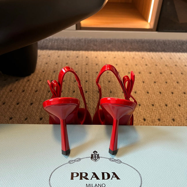 PRADA 26S POINTED TOE SLINGBACK HEELS 75MM IN RED PATENT CALFSKIN