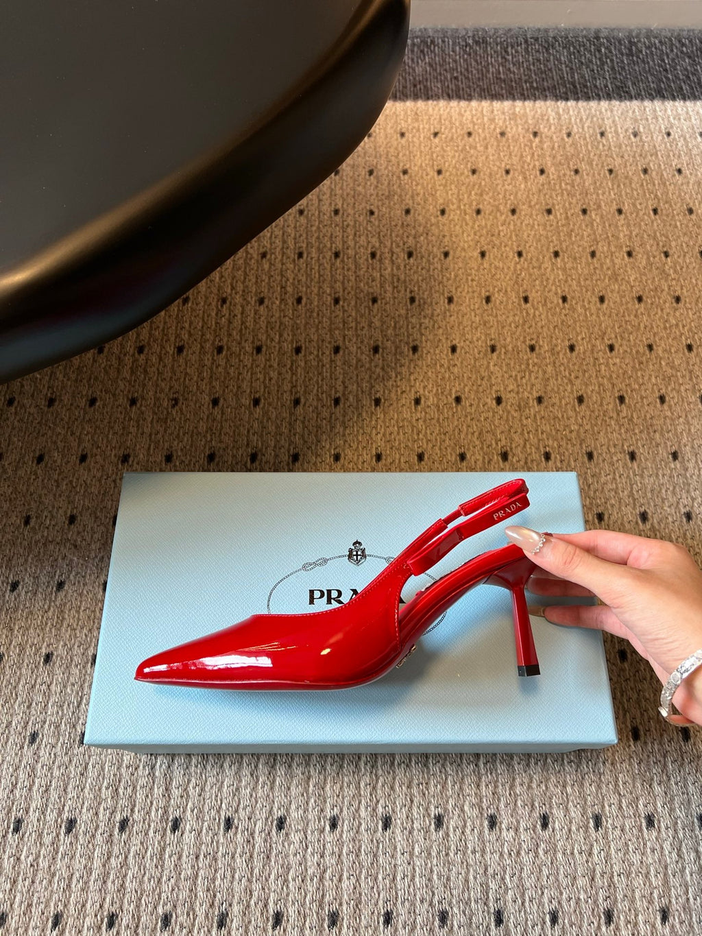 PRADA 26S POINTED TOE SLINGBACK HEELS 75MM IN RED PATENT CALFSKIN