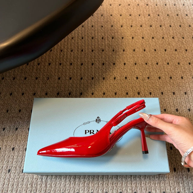 PRADA 26S POINTED TOE SLINGBACK HEELS 75MM IN RED PATENT CALFSKIN