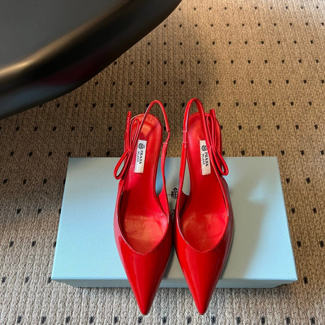 PRADA 26S POINTED TOE SLINGBACK HEELS 75MM IN RED PATENT CALFSKIN