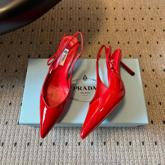 PRADA 26S POINTED TOE SLINGBACK HEELS 75MM IN RED PATENT CALFSKIN