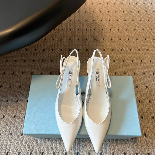 PRADA 26S POINTED TOE SLINGBACK HEELS 75MM IN WHITE PATENT CALFSKIN
