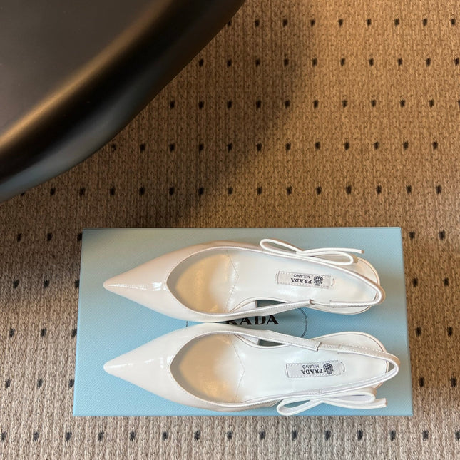 PRADA 26S POINTED TOE SLINGBACK HEELS 75MM IN WHITE PATENT CALFSKIN